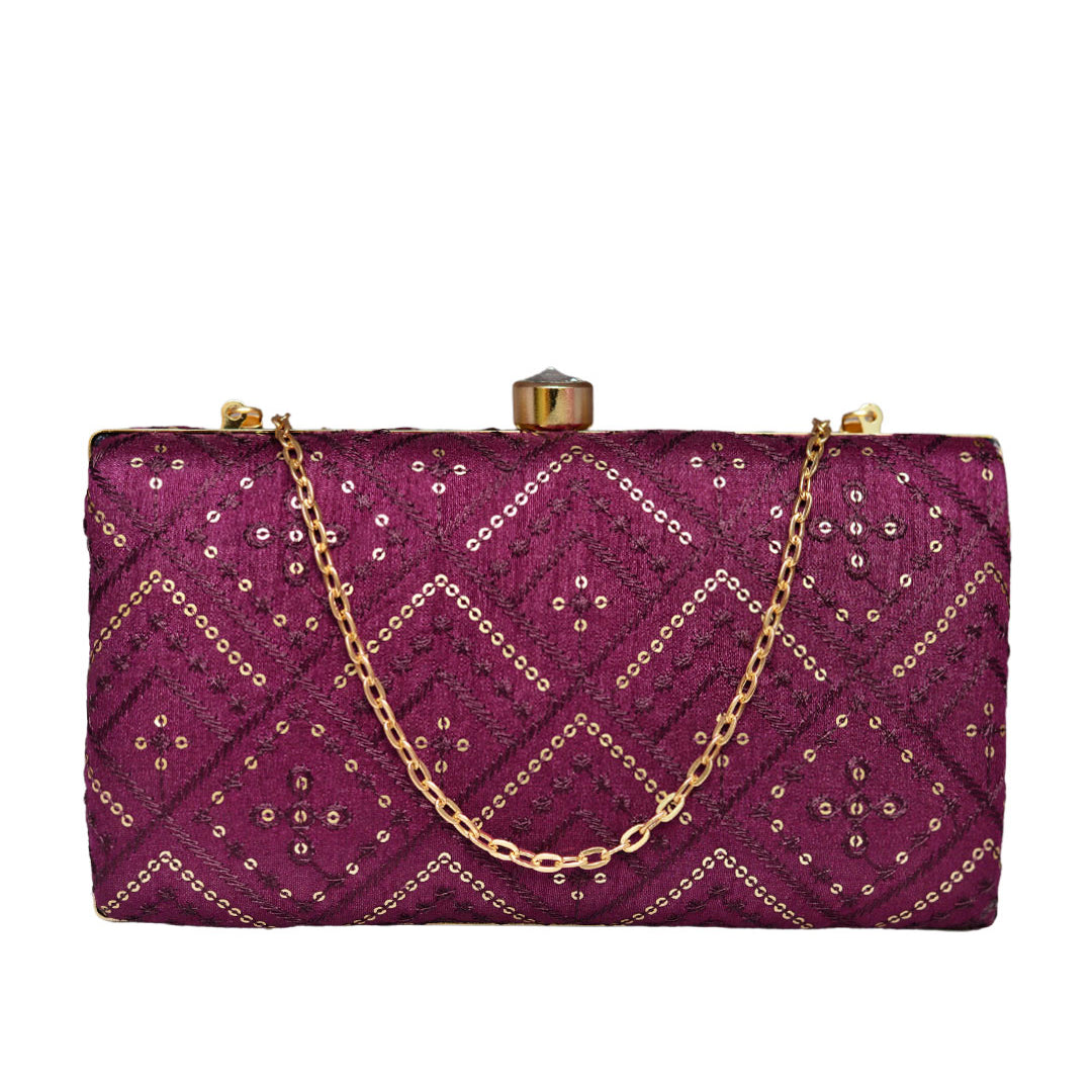 Purple Embroidered Rectangular Clutch