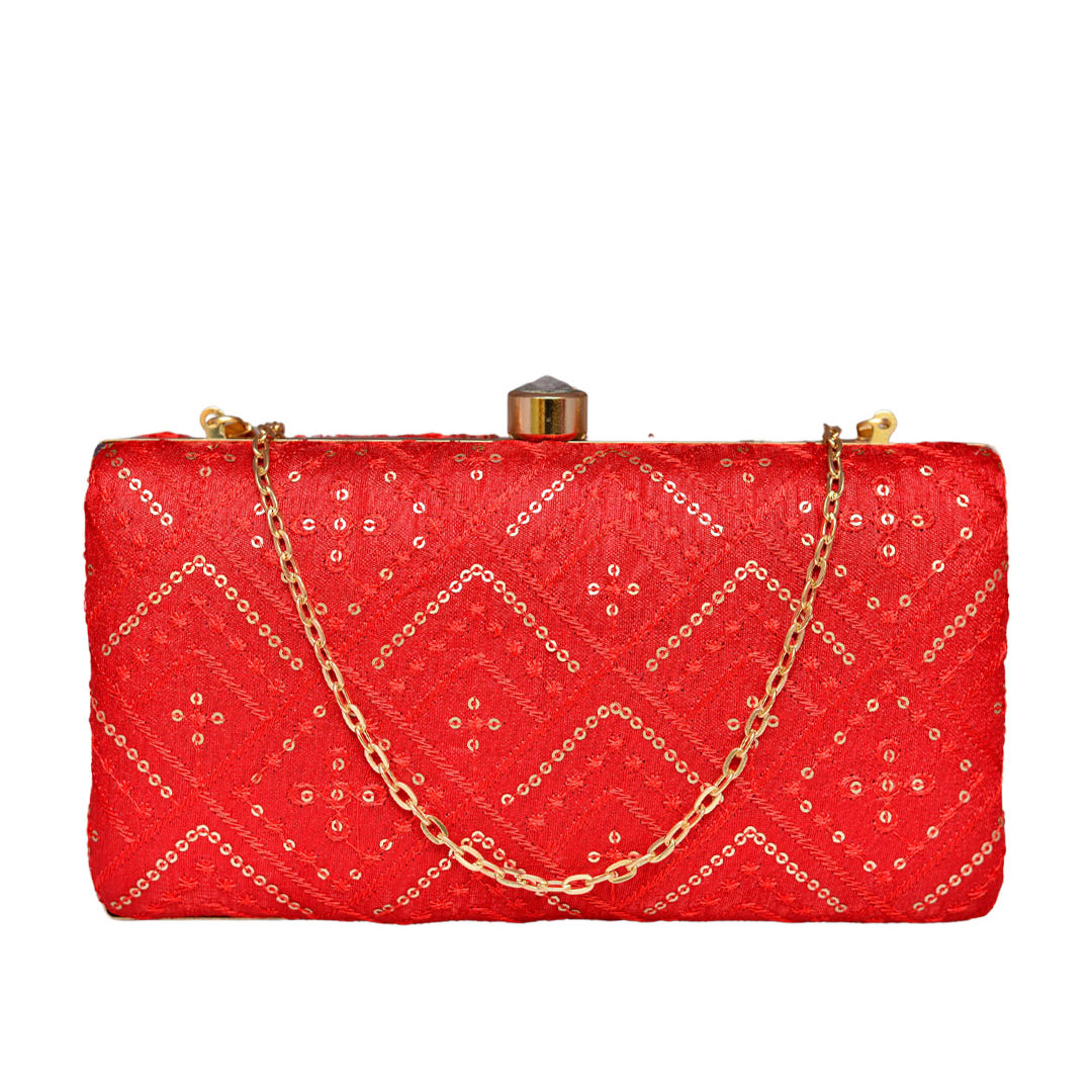 Red Embroidered Rectangular Clutch