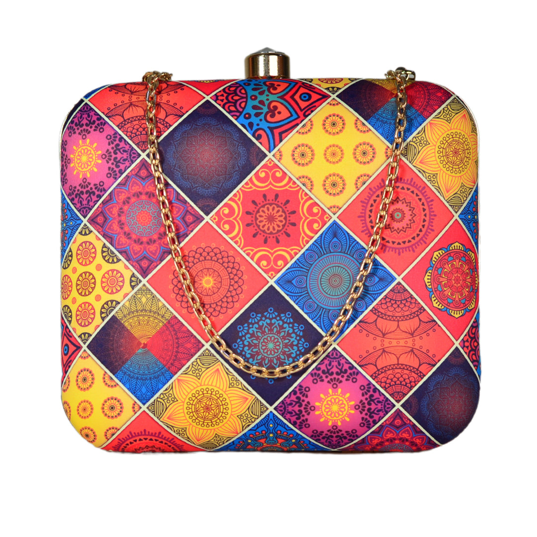 Diamond Shaped Multi-Coloured Printed Pattern Clutch.