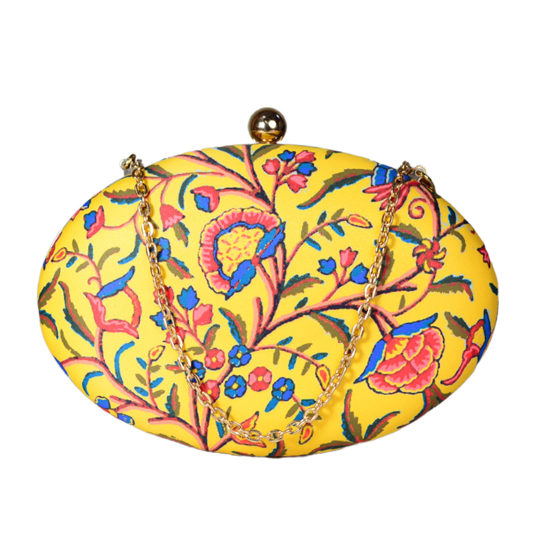 Yellow Printed Oval Clutch