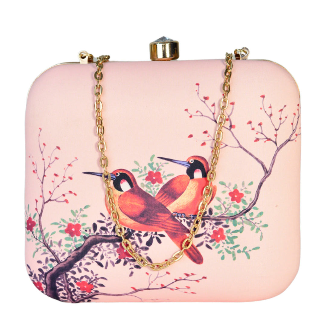 Pink Based Red Birds Printed Clutch