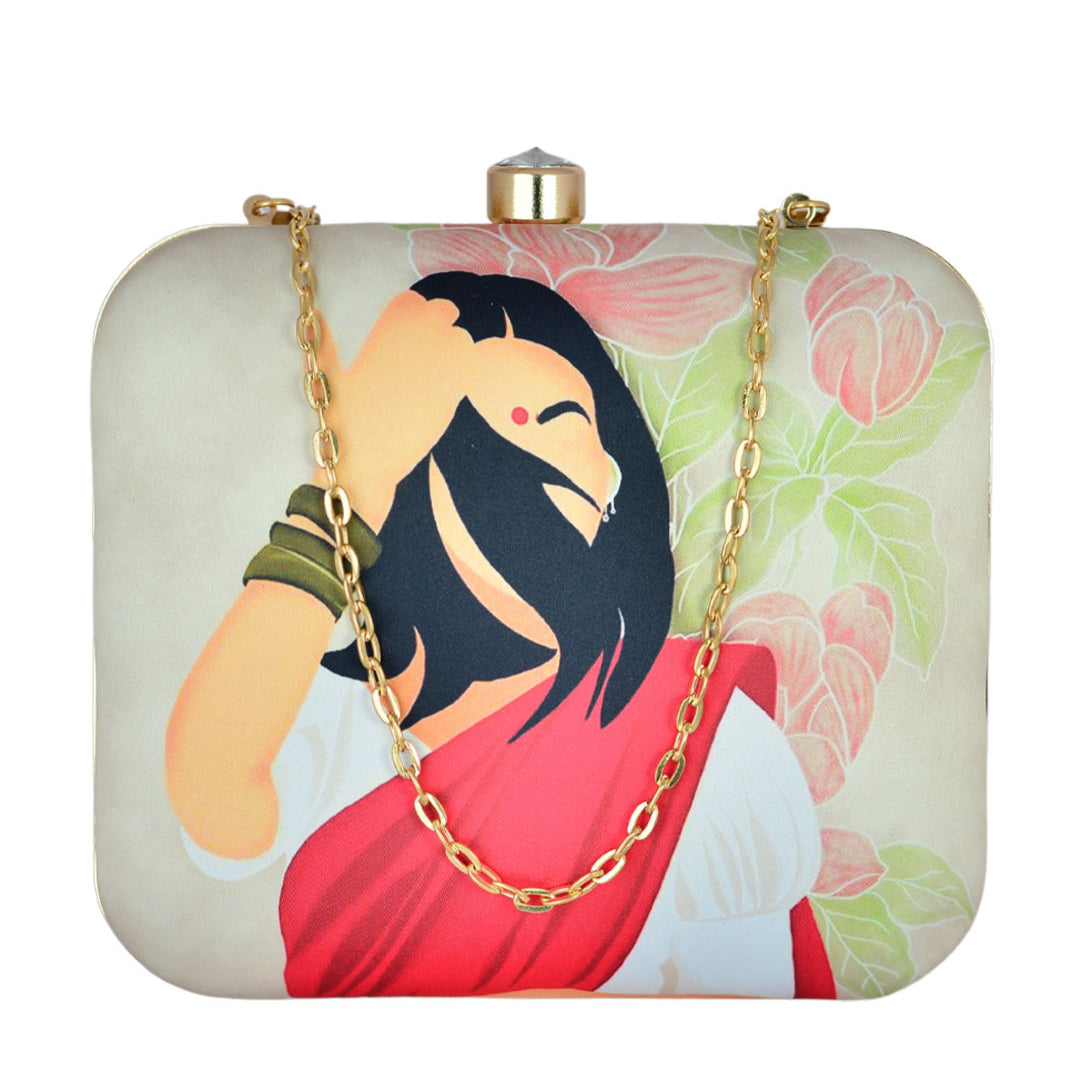 Red Saree Indian Women Printed Clutch