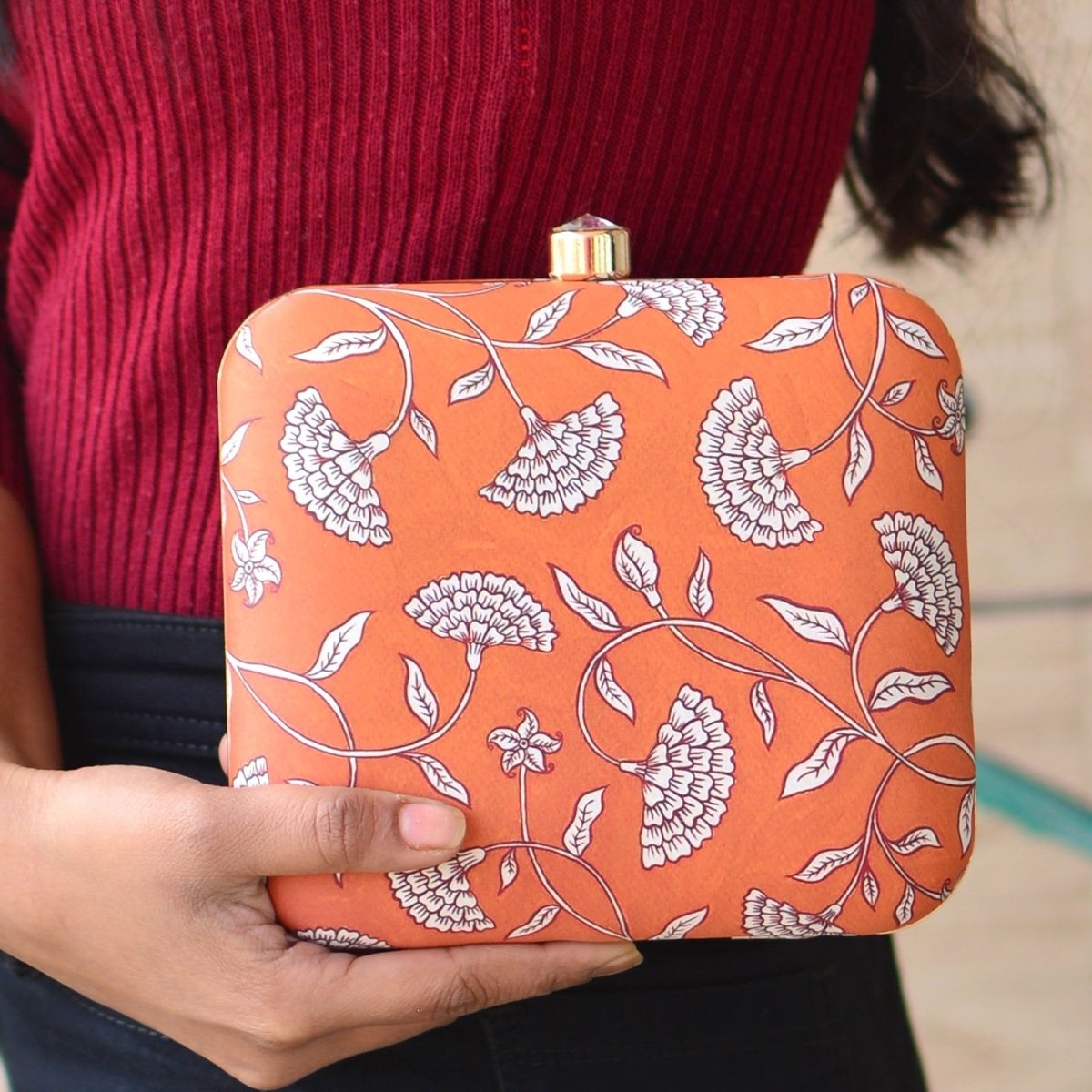 Artklim Orange and White Floral Printed Clutch
