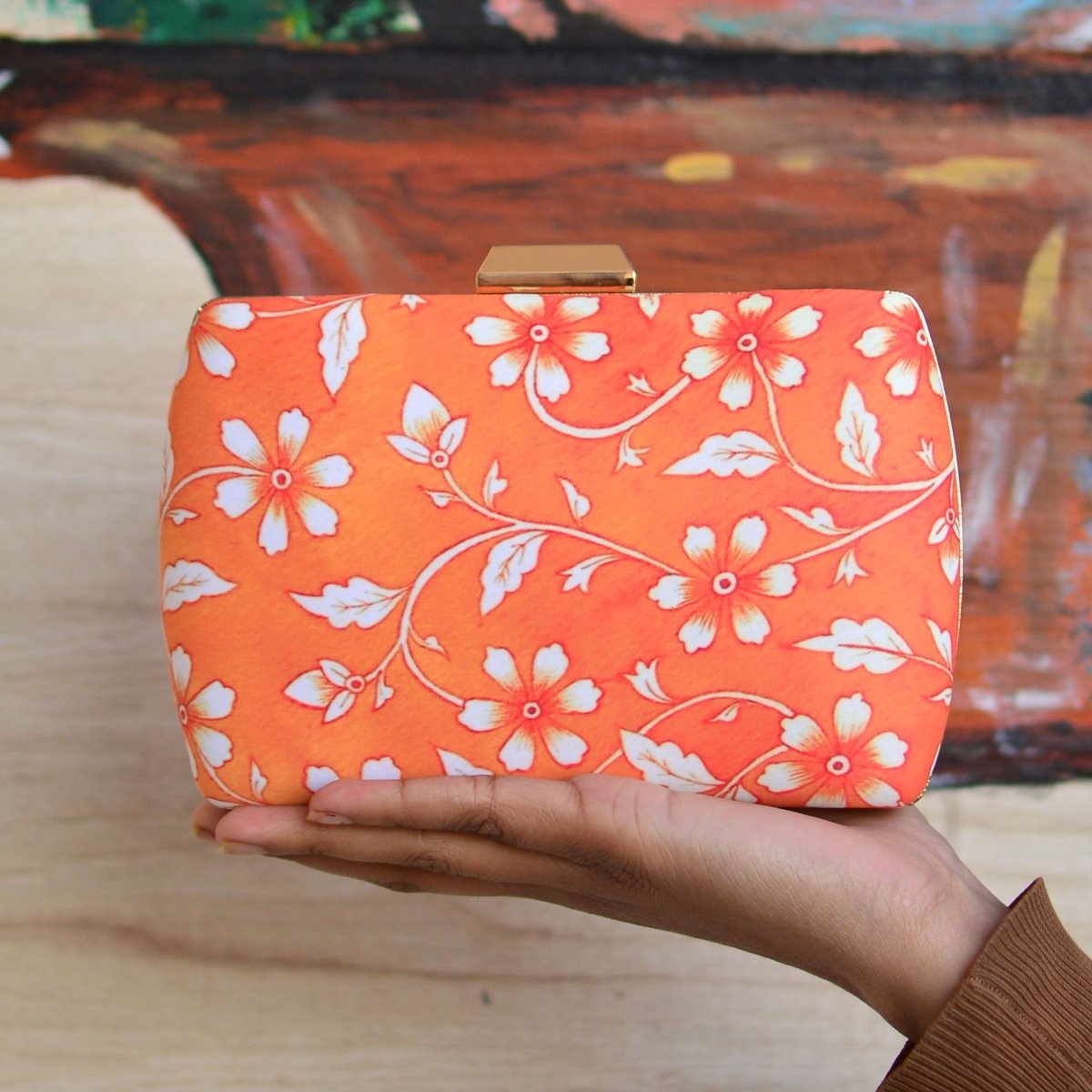 Artklim Orange and White Floral Printed Clutch