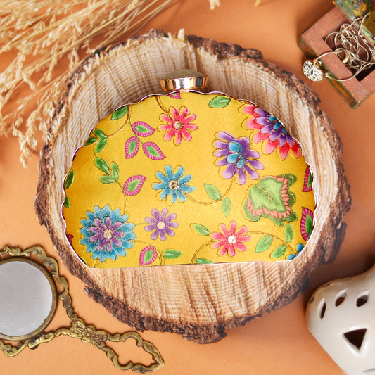 Yellow Base Multifloral Moon Shaped Clutch