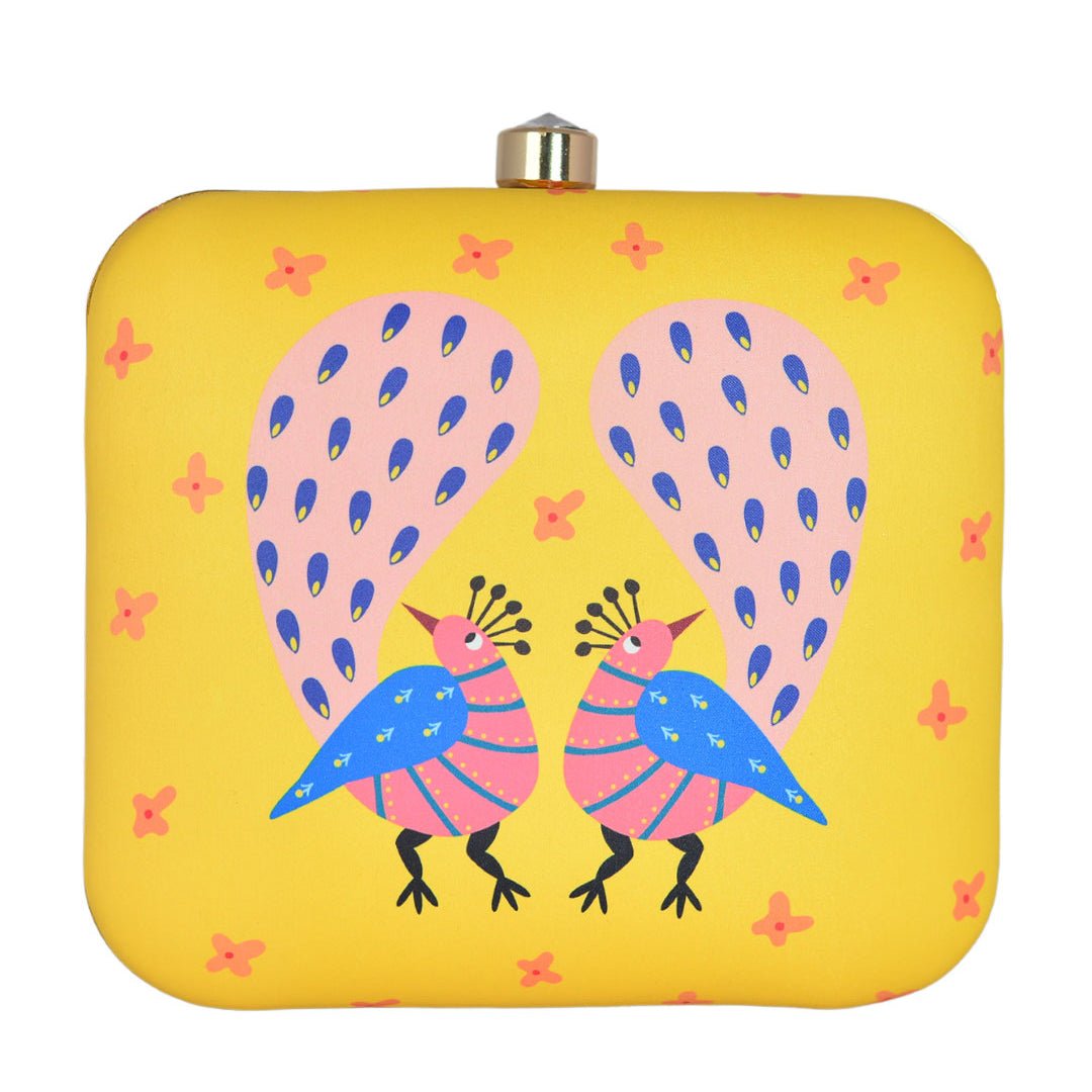 Two Birds Yellow Printed Clutch