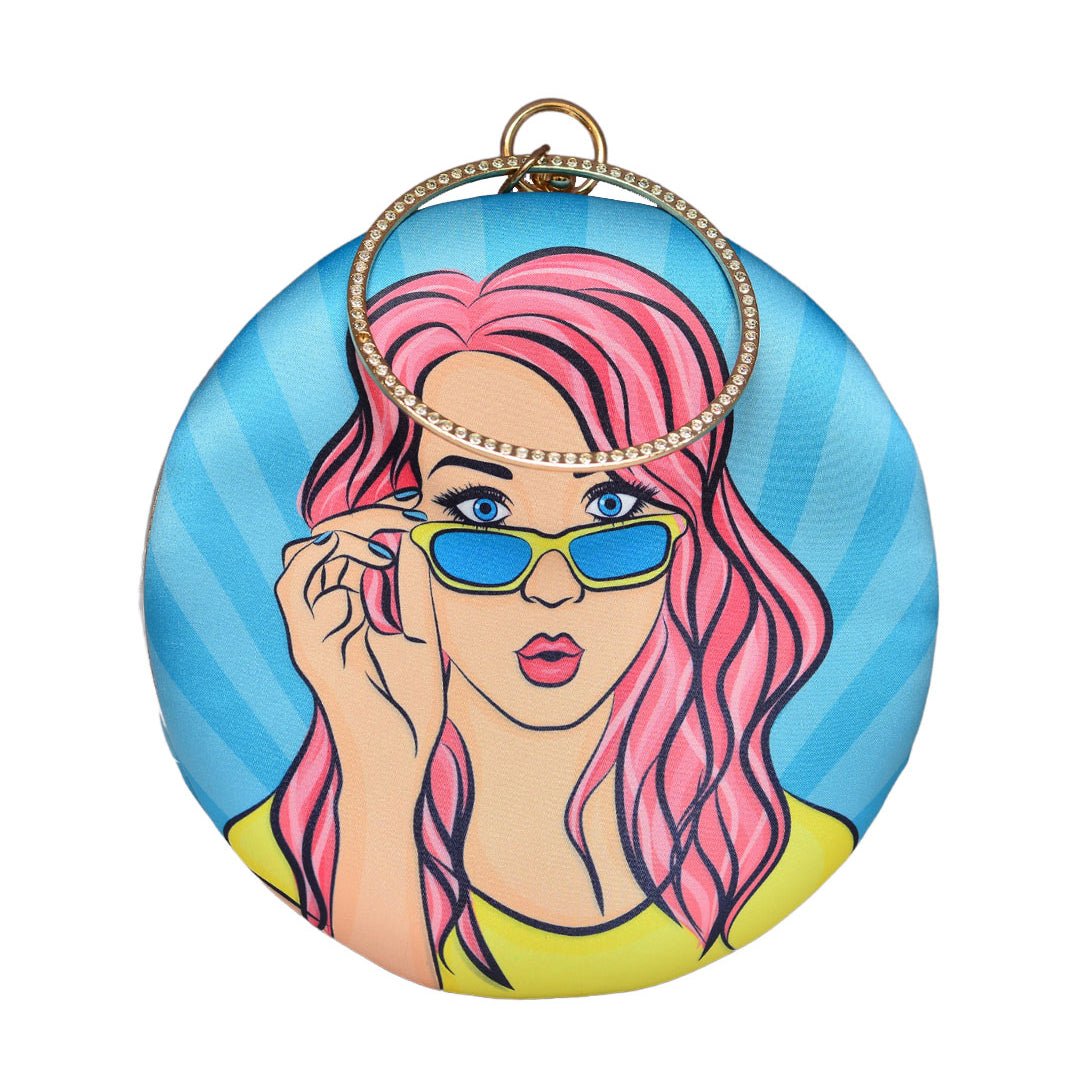 Quirky Woman Round Printed Clutch