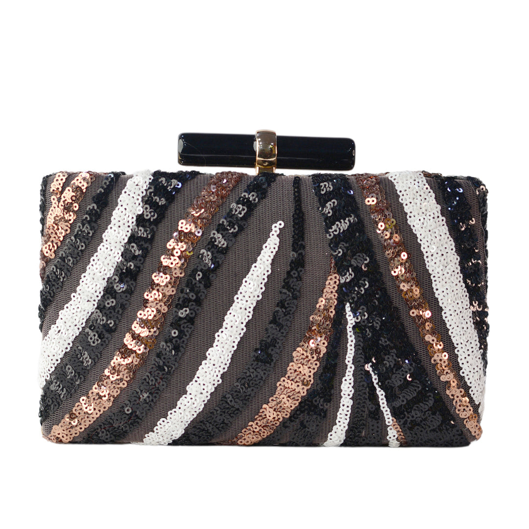Artklim Black Box Shaped Clutch With Golden, White And Sliver Work