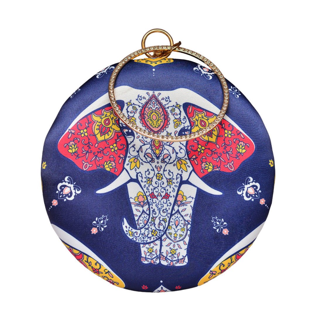 White Elephant Round Printed Clutch
