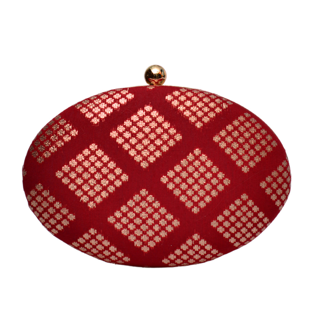 Artklim Maroon Color Embroidered Oval Shaped Clutch