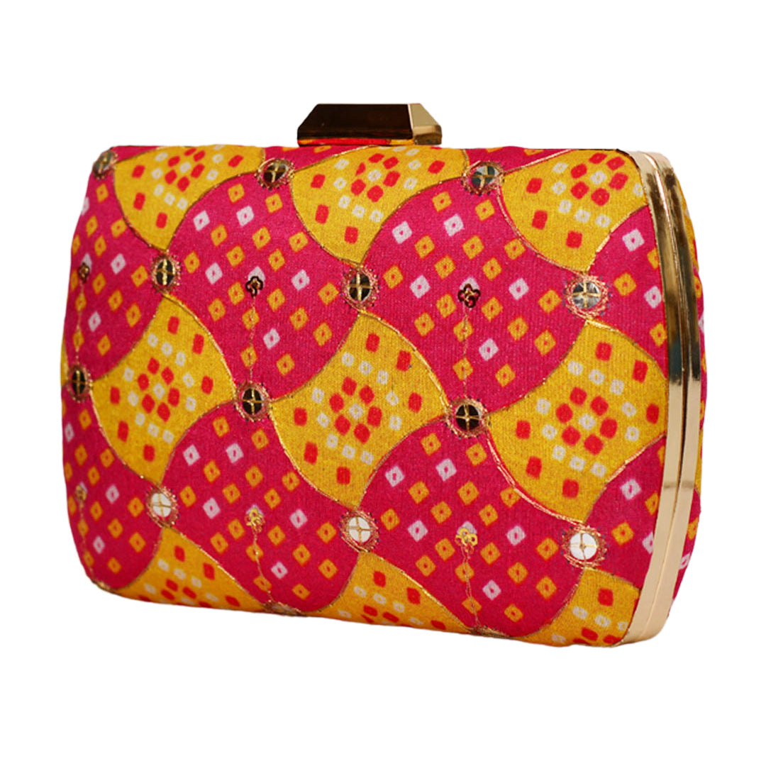 Jaipuri Yellow And Red Colour Print Clutch