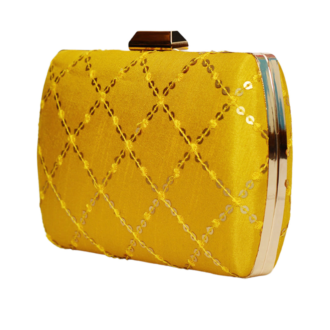 Mustard Color Clutch With Golden Sequin
