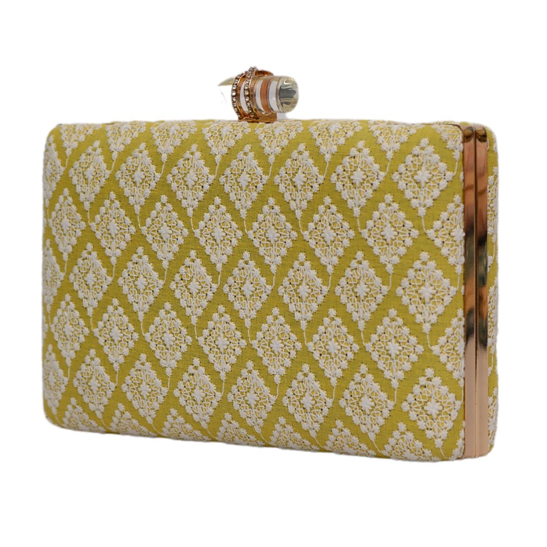 Artklim Rectangle Shaped Lime Green Color Embroidered Clutch