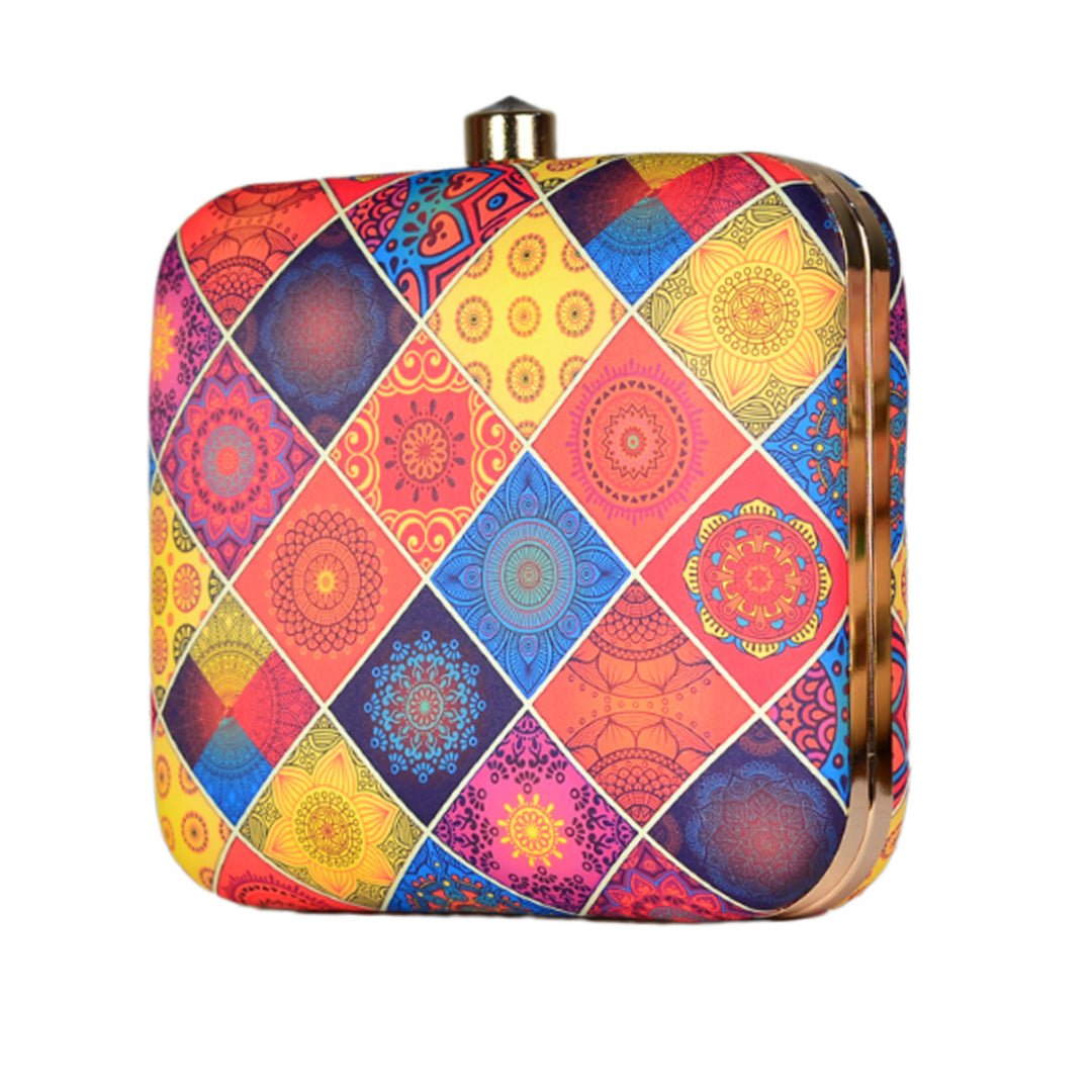 Diamond Shaped Multi-Coloured Printed Pattern Clutch.