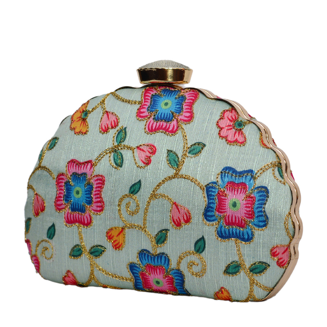 Pista Green Base Clutch With Floral Work Design