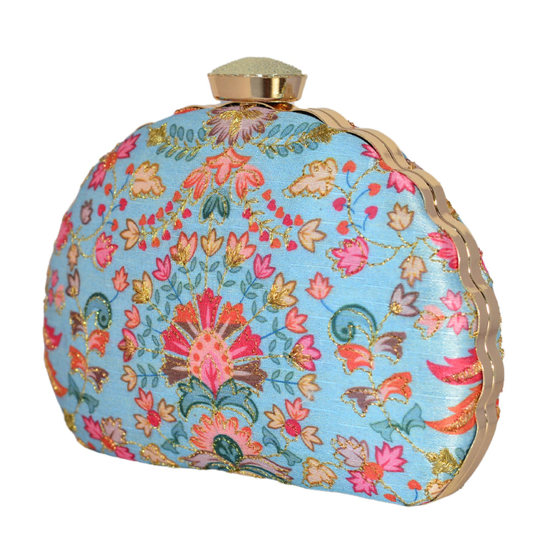 Blue Floral Embroidered Moon Clutch