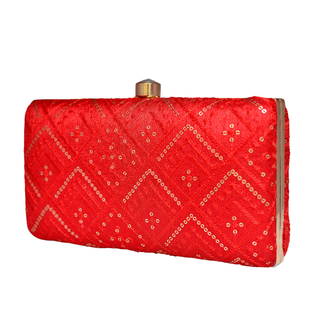 Red Embroidered Rectangular Clutch