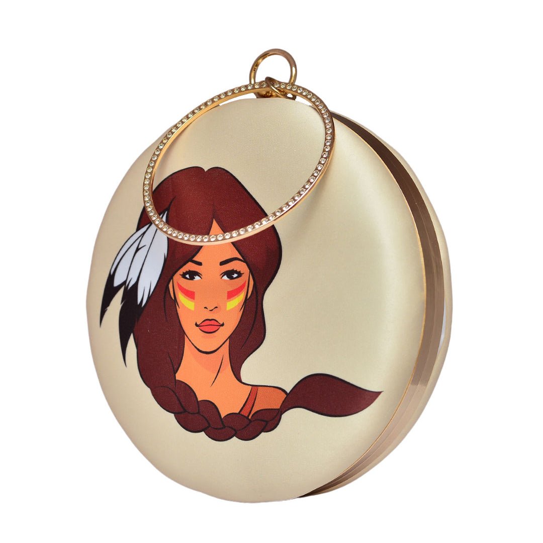 Brown Hair Woman Round Printed Clutch