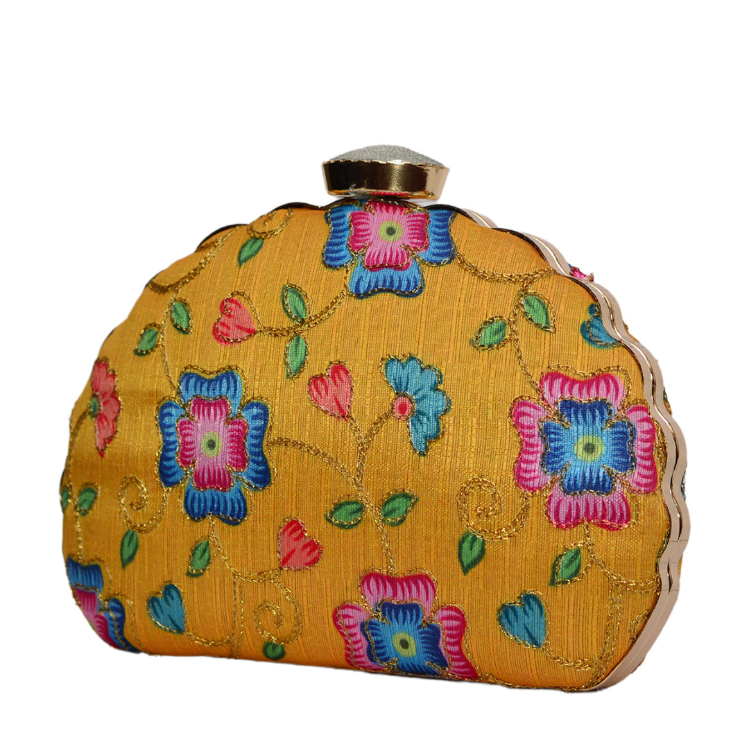 Yellow Moon Shaped Clutch With Multi-color Flower Design