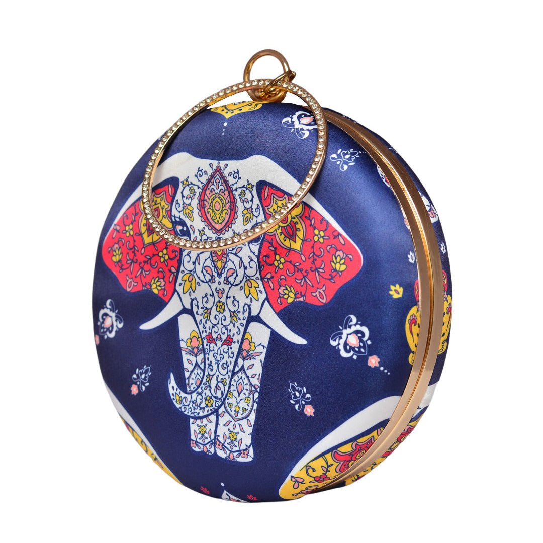 White Elephant Round Printed Clutch