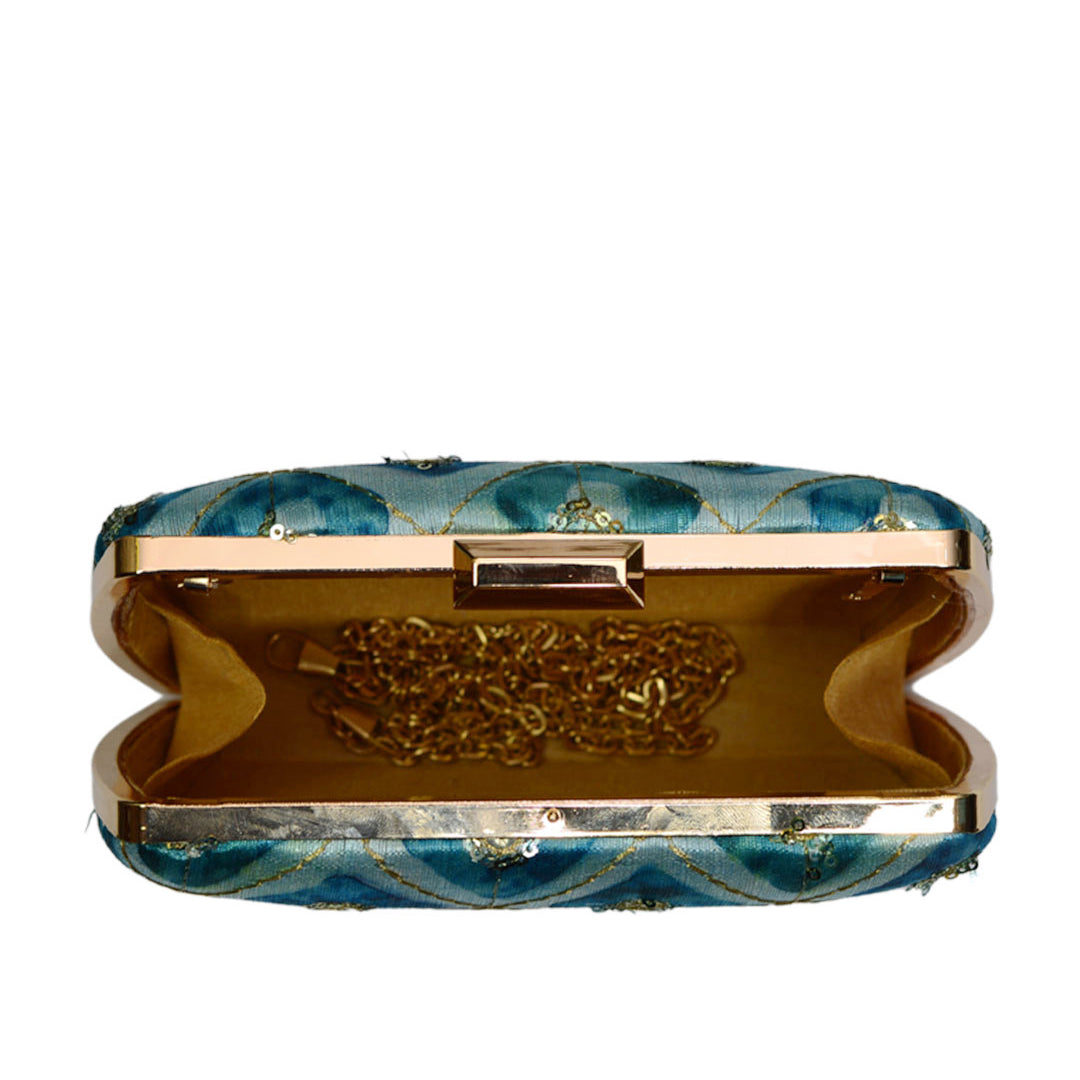 Blue Clutch With Golden Embroidery