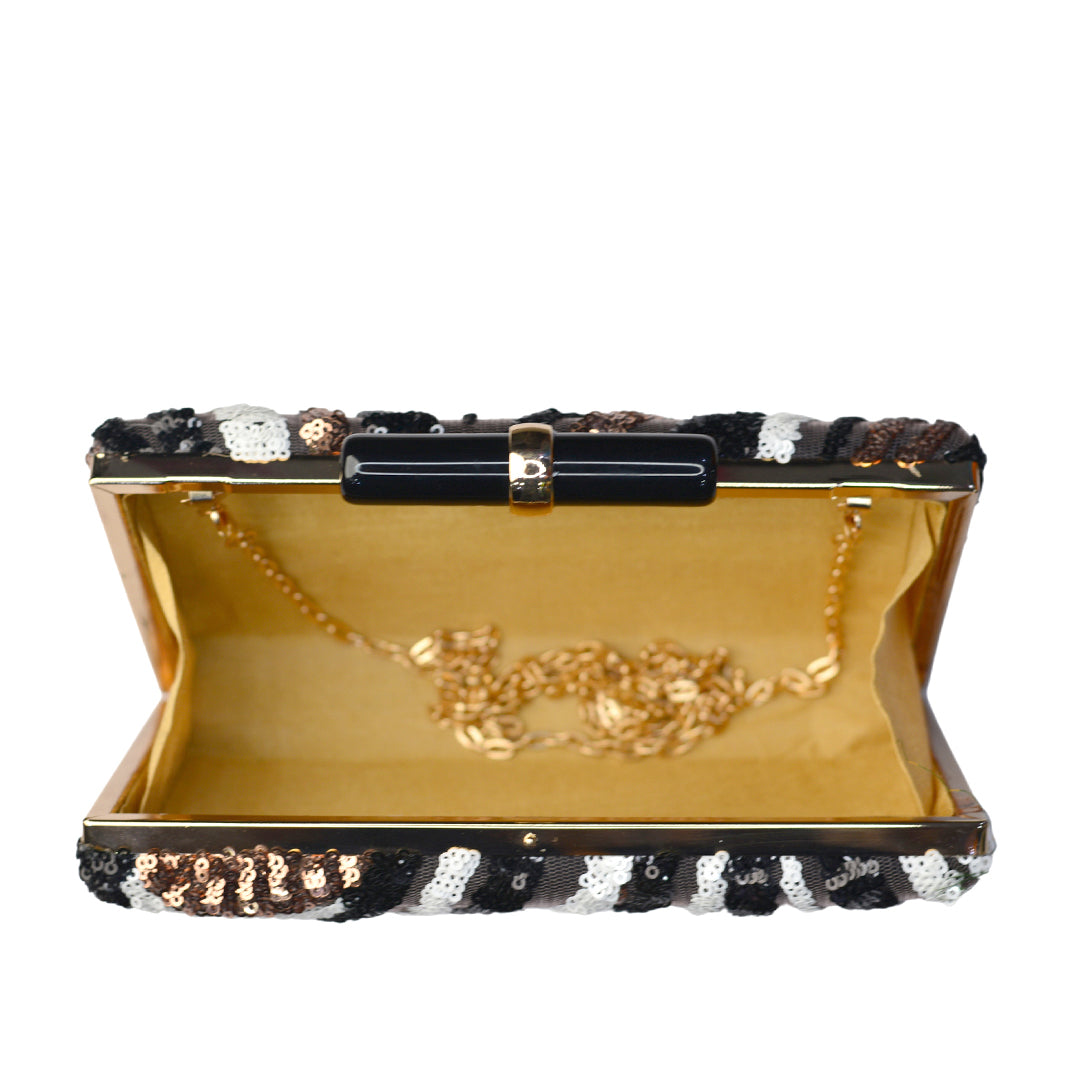 Artklim Black Box Shaped Clutch With Golden, White And Sliver Work