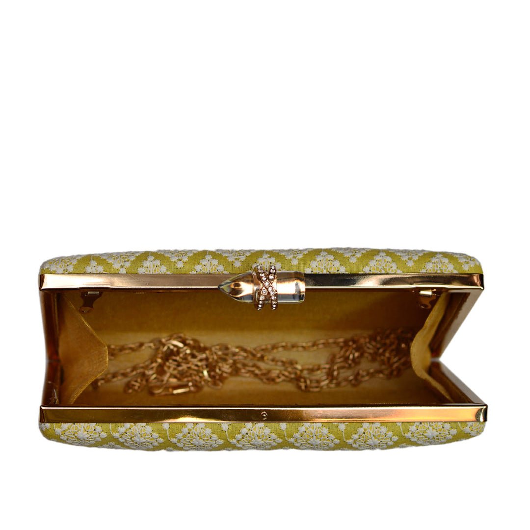 Artklim Rectangle Shaped Lime Green Color Embroidered Clutch