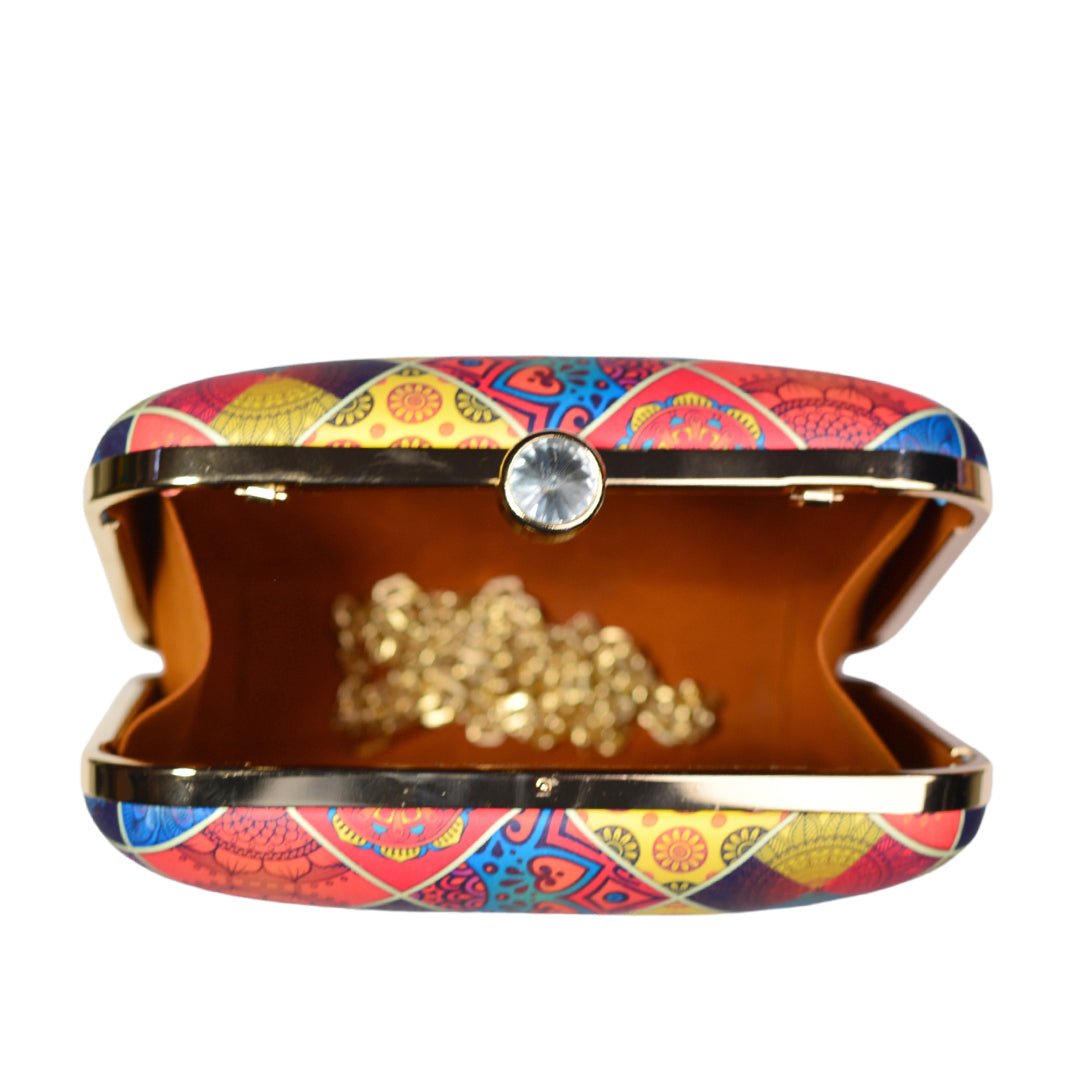 Diamond Shaped Multi-Coloured Printed Pattern Clutch.