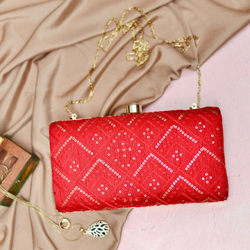 Red Embroidered Rectangular Clutch