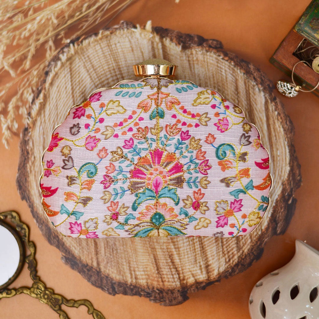 Pink Floral Embroidered Moon Clutch