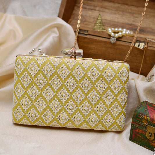 Artklim Rectangle Shaped Lime Green Color Embroidered Clutch