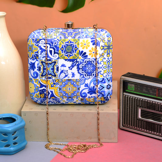 Blue And Yellow Printed Clutch