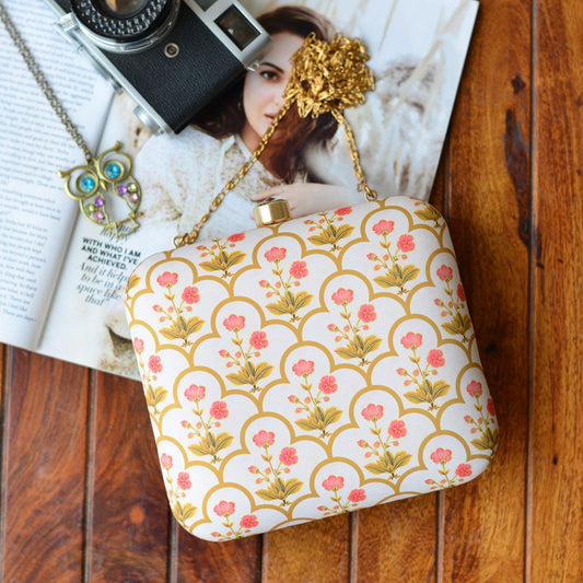Yellow And Pink Patterned Printed Clutch