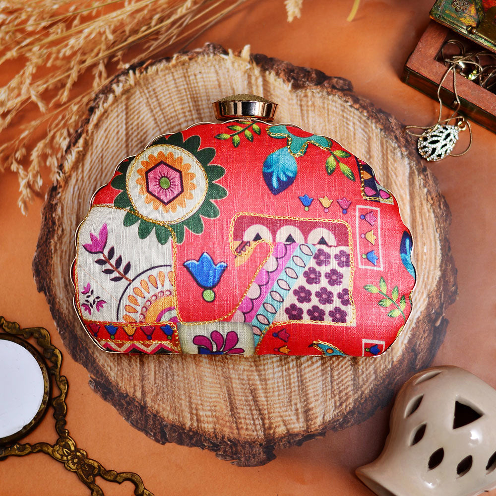 Red Multipattern Moon Clutch