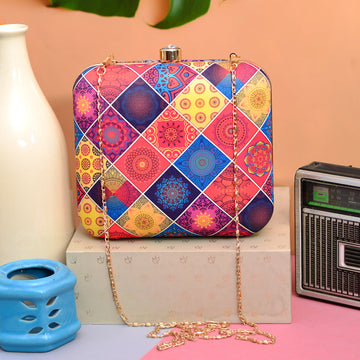 Diamond Shaped Multi-Coloured Printed Pattern Clutch.