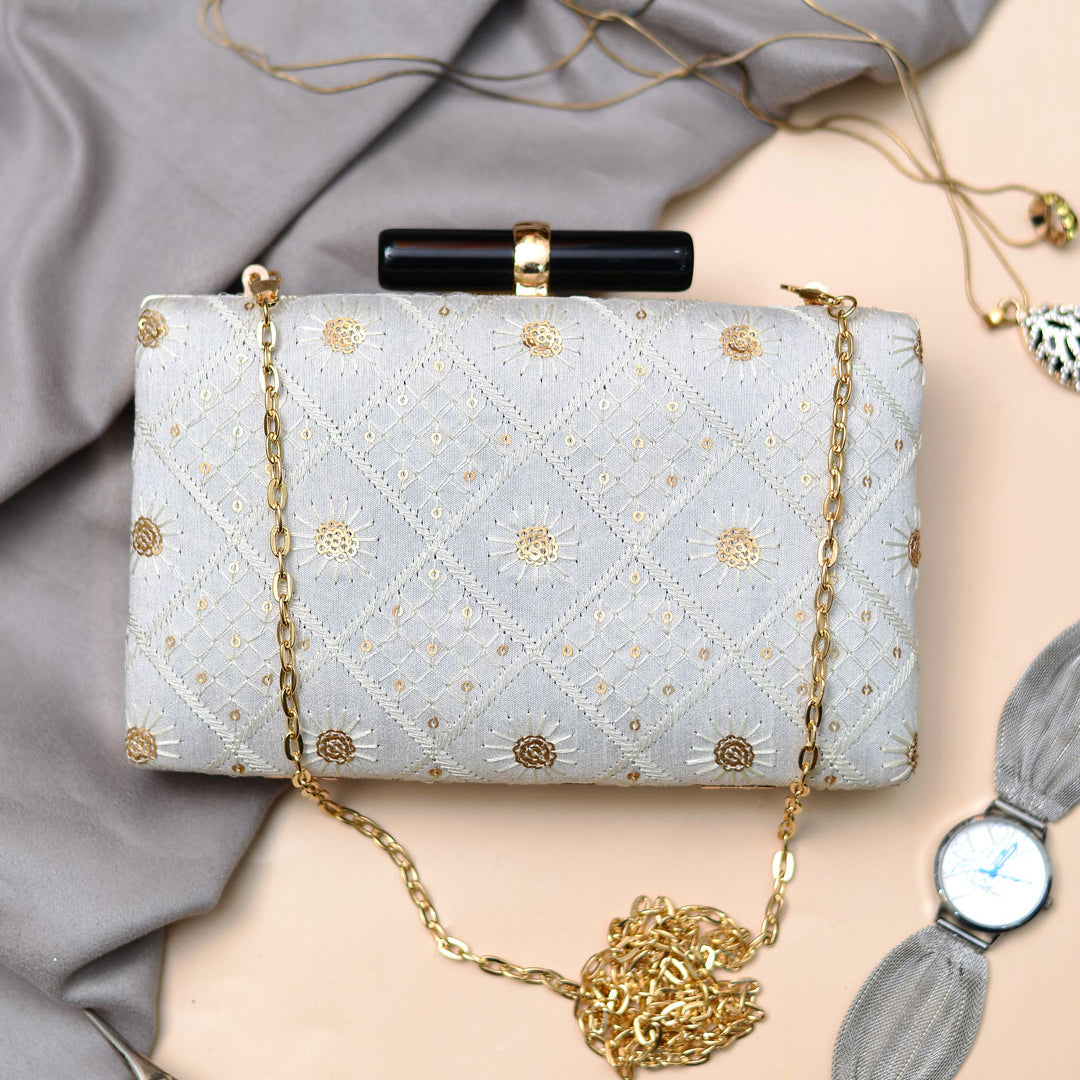 White Sequins Embroidered Clutch