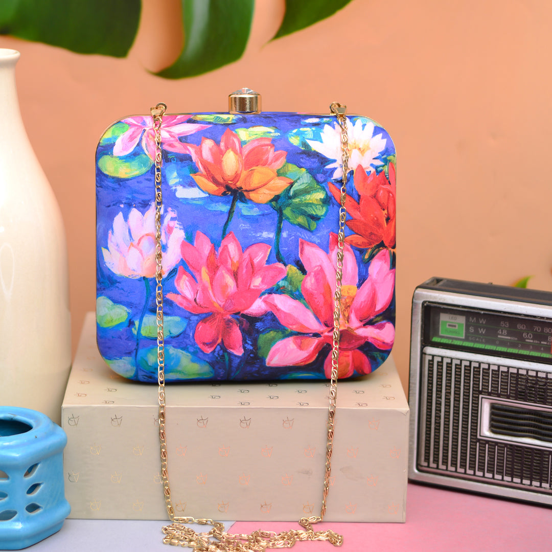 Pink And Blue Lotus Printed Clutch