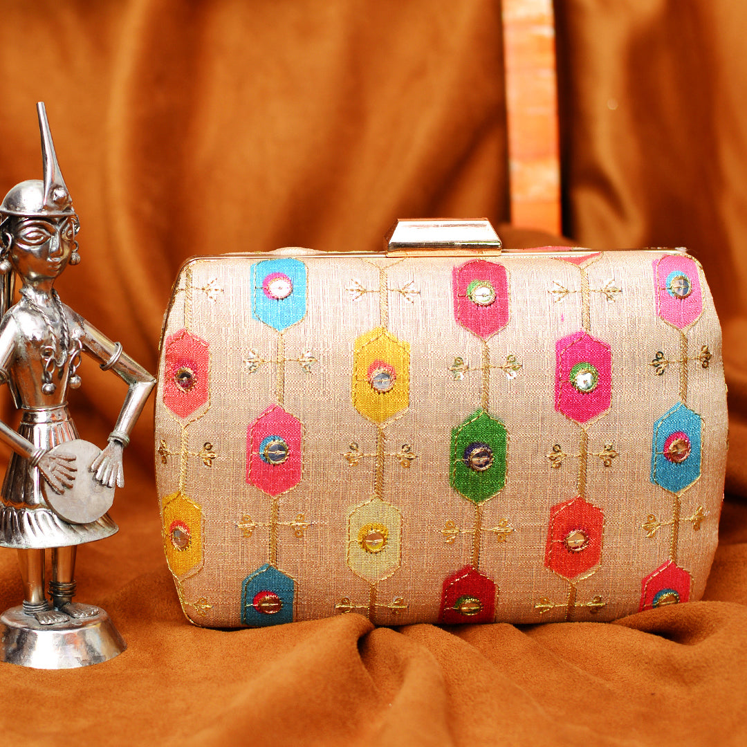Golden Background With Multicolor Embroidery Clutch