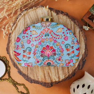 Blue Floral Embroidered Moon Clutch