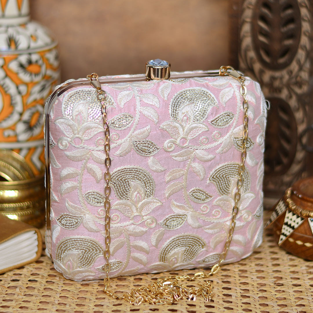 Pink Floral Embroidered Clutch