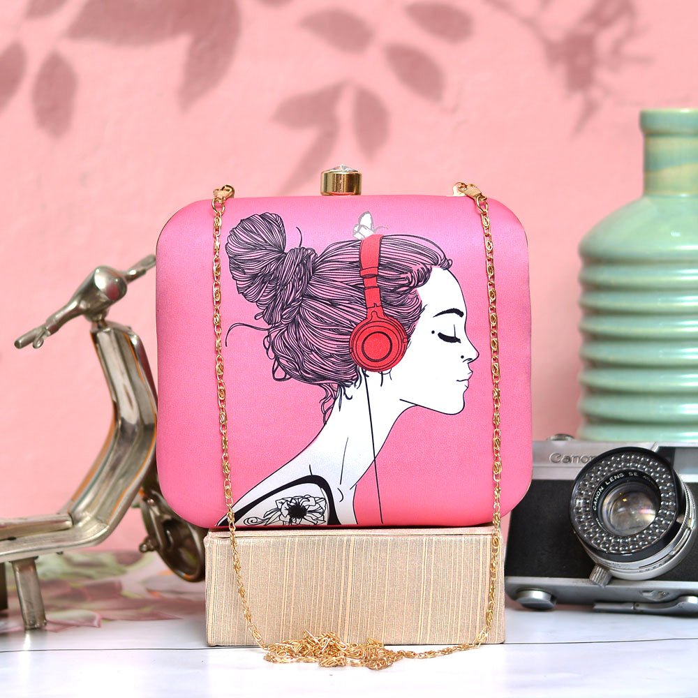 Pink Woman Portrait Printed Clutch