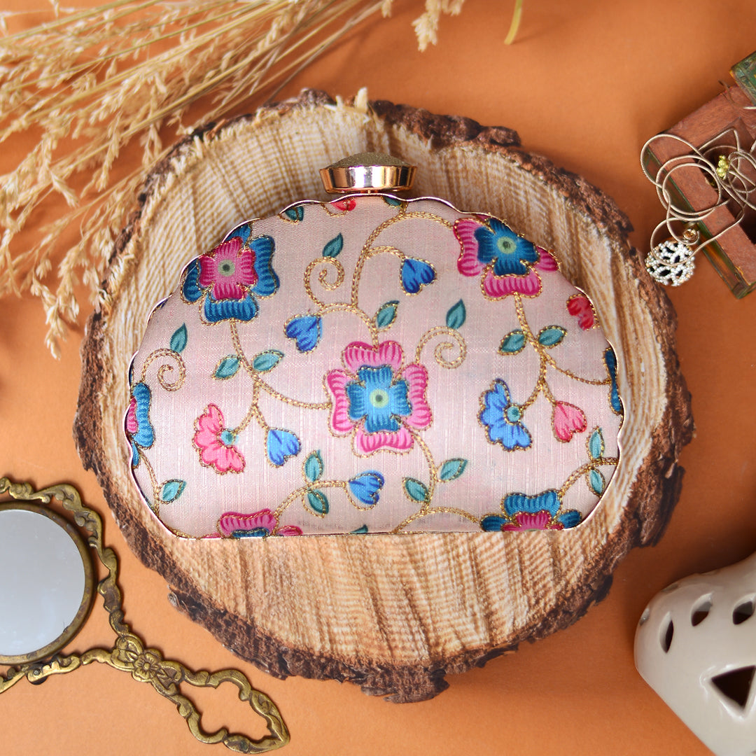 Light Pink Background With Bright Floral Handwork Clutch