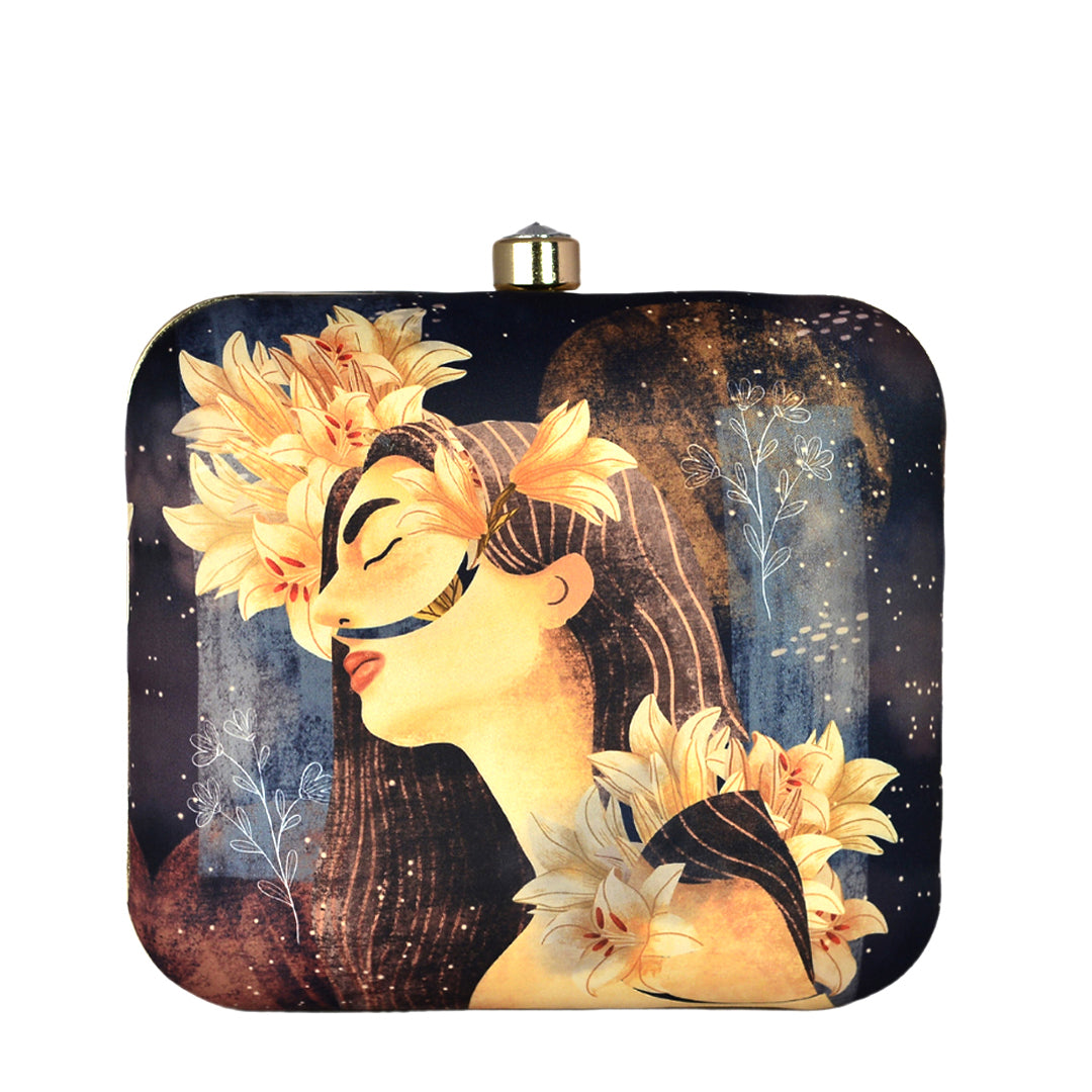 Peach Floral Women Portrait Printed Clutch