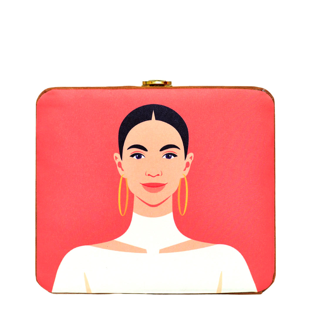 White Dress Woman Portrait Printed MDF Clutch