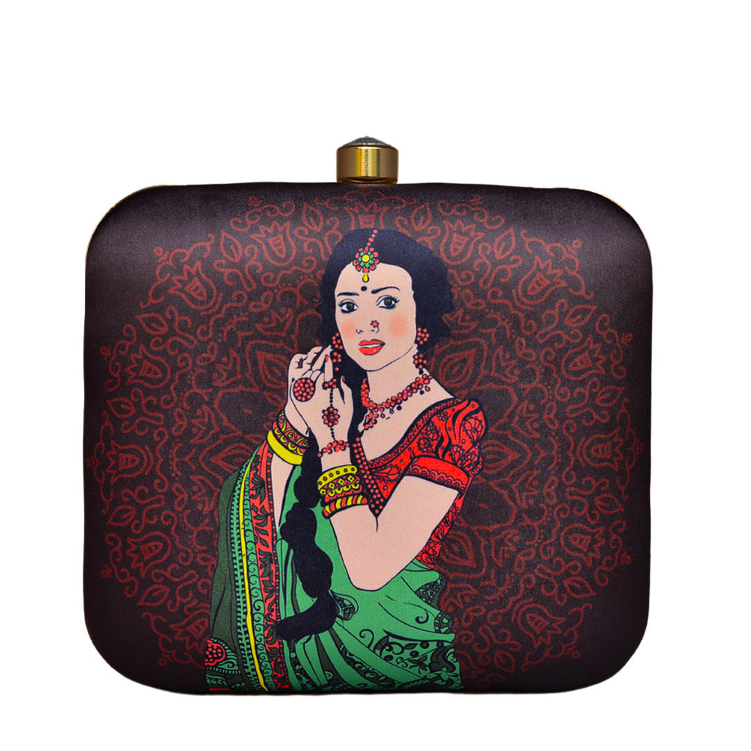 Green Saree Women Printed Clutch