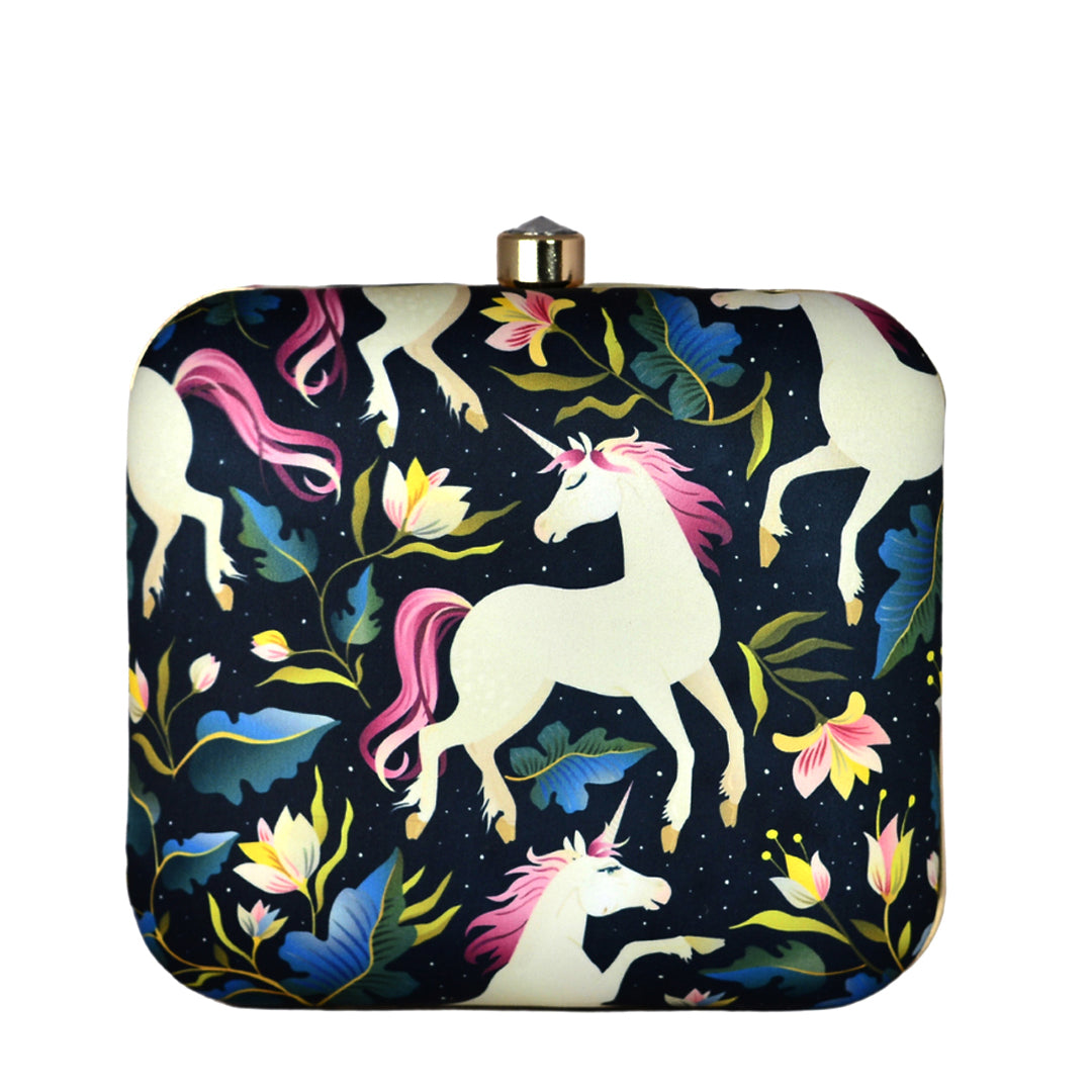 Unicorn Printed Black Clutch