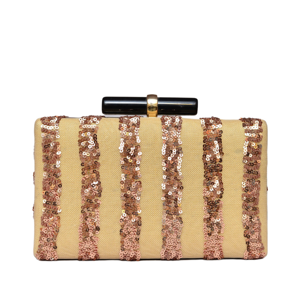 Beige Golden Line Sequins Clutch