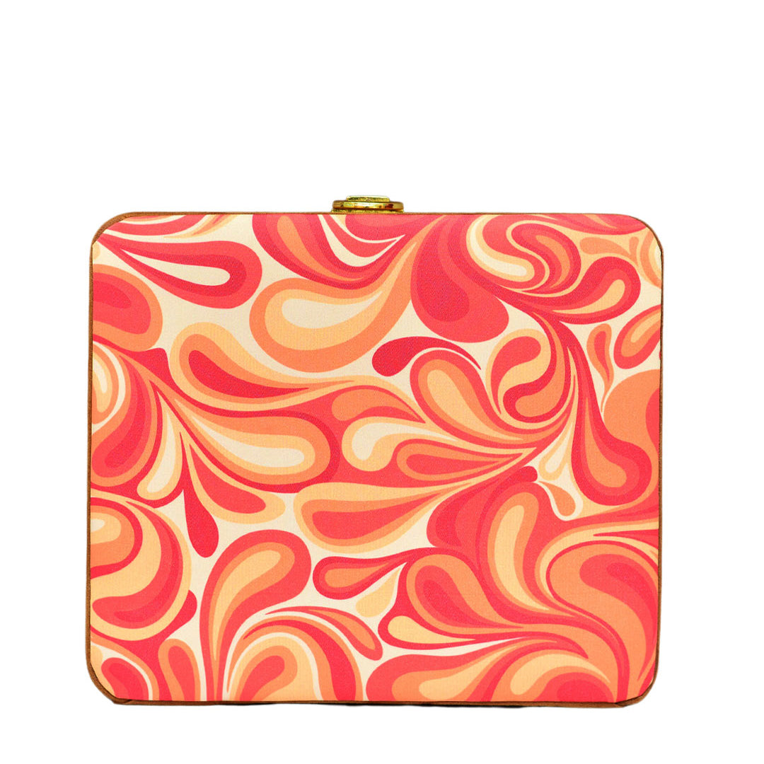 Red-Orange Quirky Printed MDF Clutch