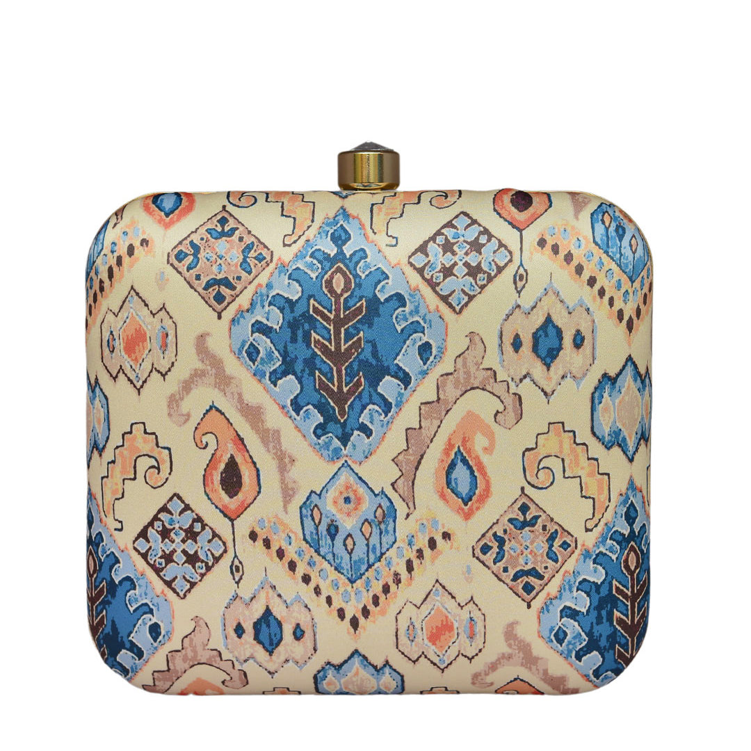 Peach-Blue Printed Clutch