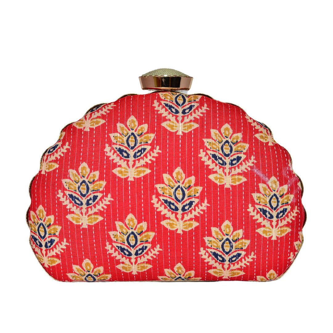 Red Floral Embroidered Moon Clutch